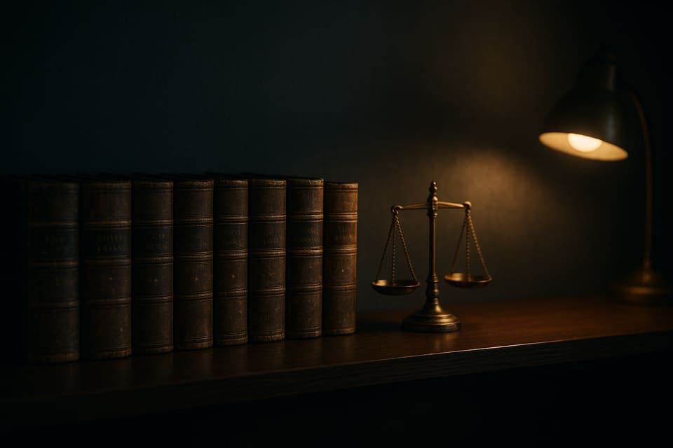 Leather-bound law volumes and a brass scale of justice under a desk lamp