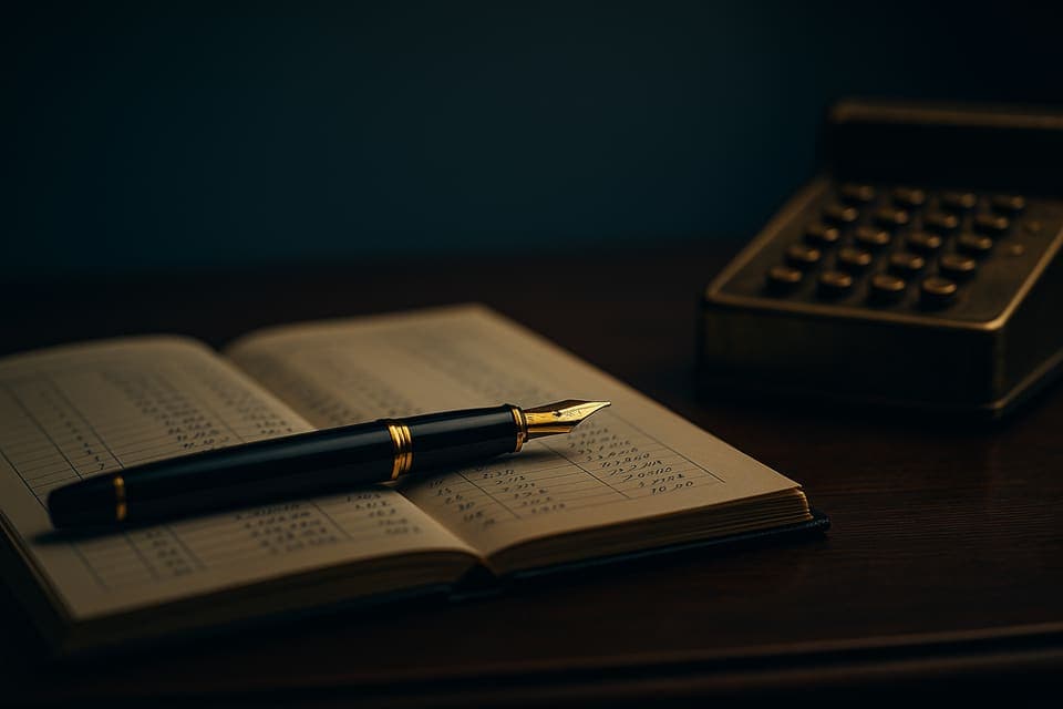 A fountain pen resting on open ledger pages beside a vintage brass calculator