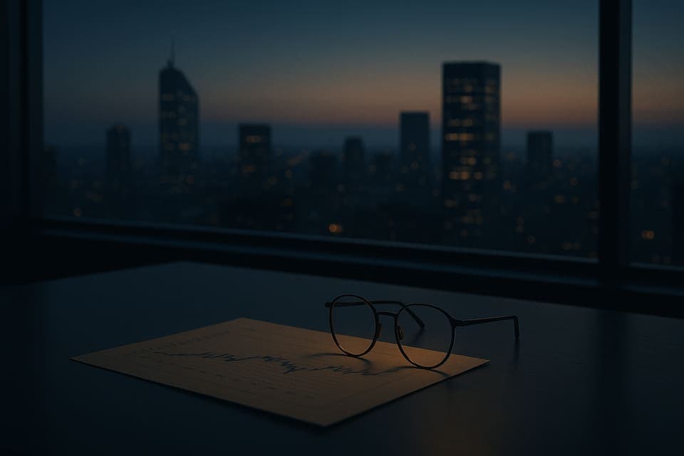 Reading glasses on a paper chart before a dusk city skyline