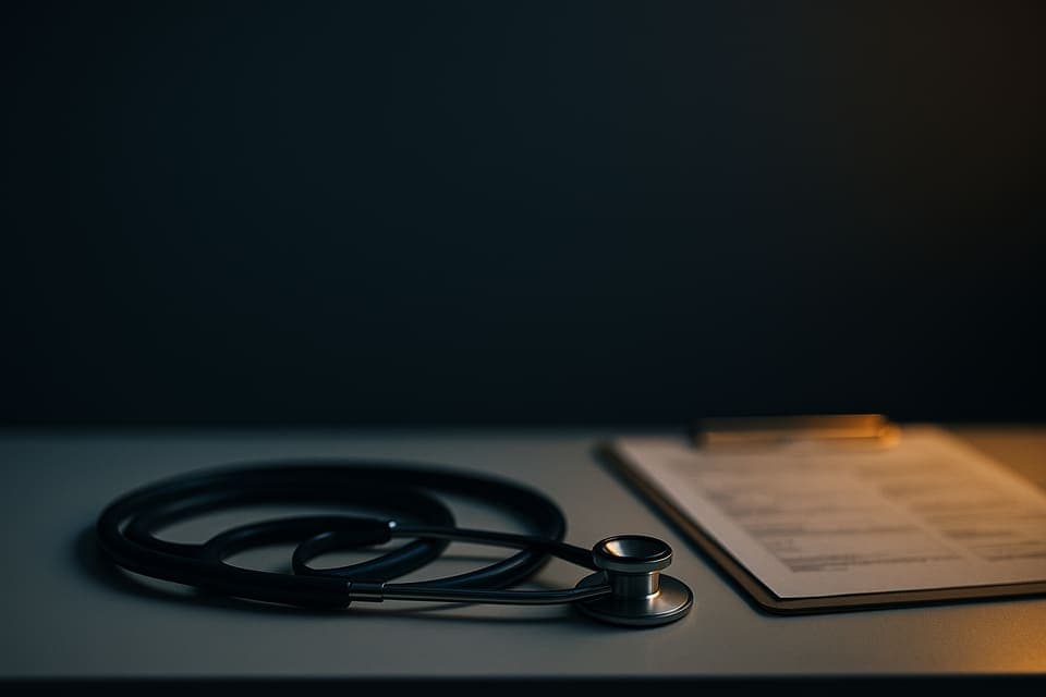 A stethoscope coiled on a clinic desk beside a clipboard chart