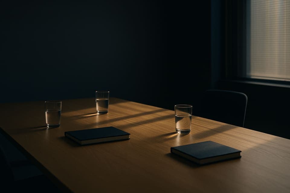 A meeting room table with closed notebooks and water glasses in morning light